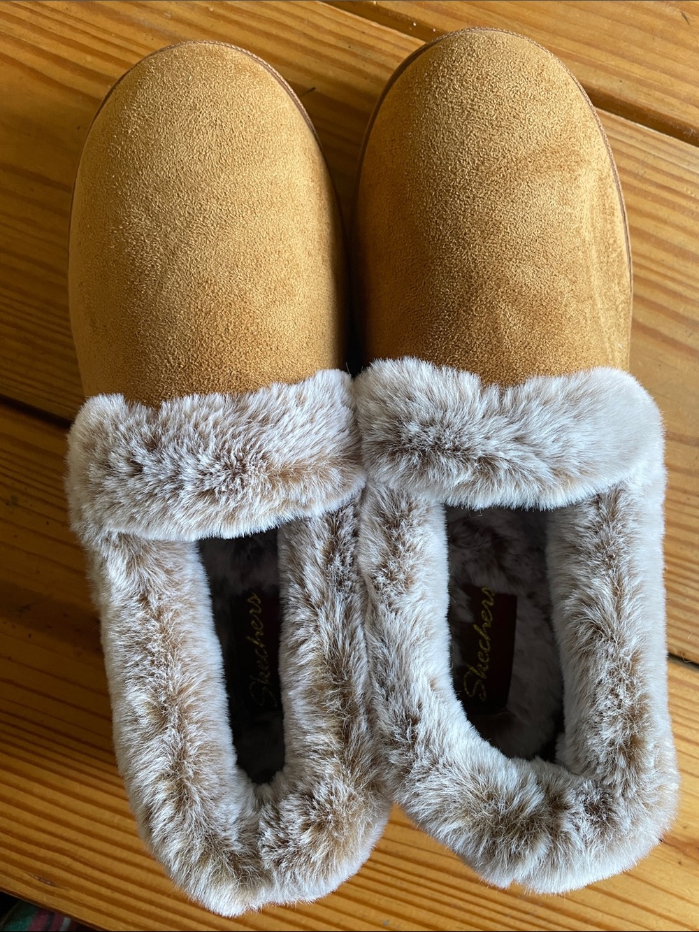 Skechers Women's Tan Suede-Look Fleece-Lined Slippers